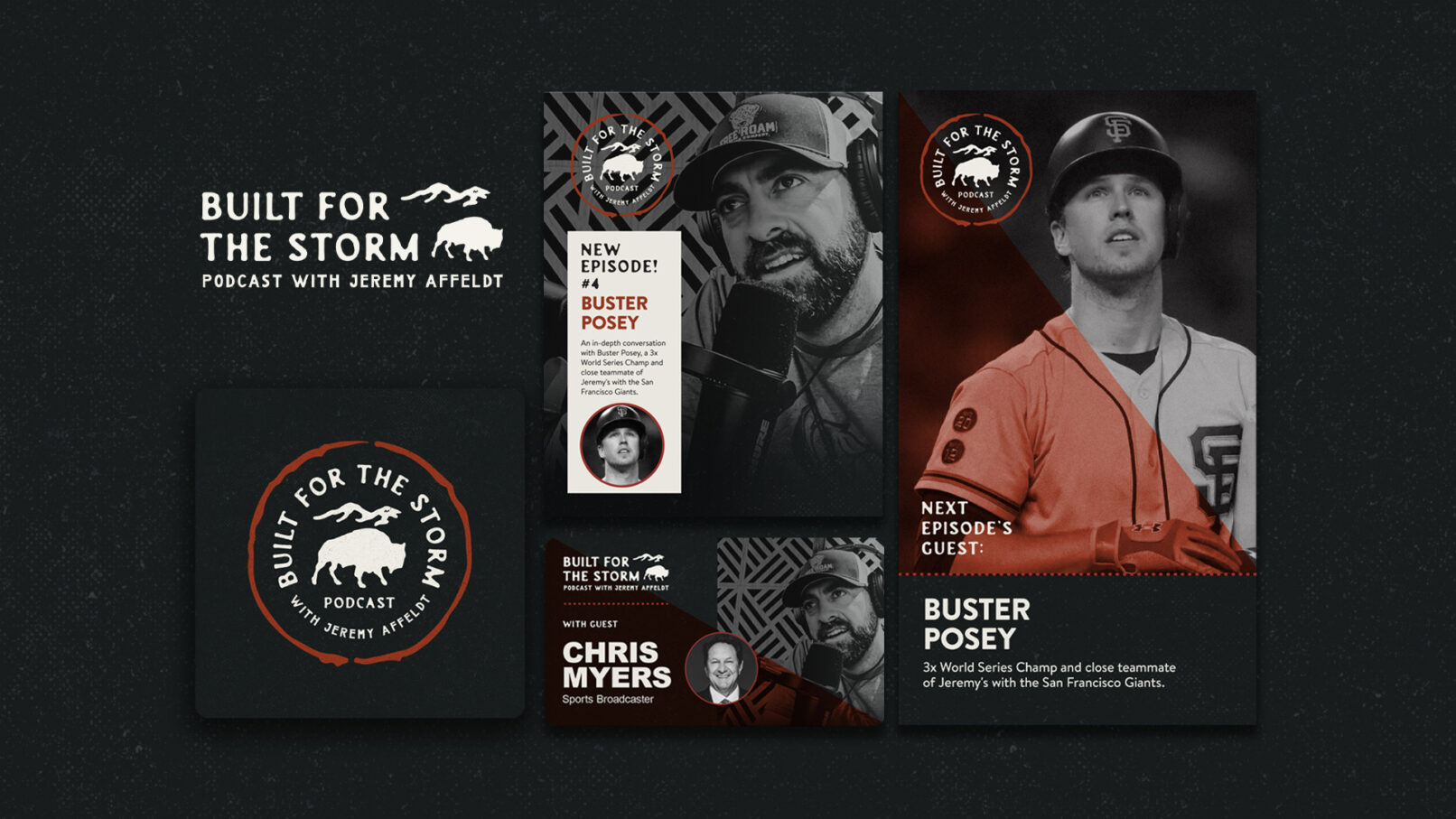 Flat lay showcasing Built for the Storm Podcast branding by Craig Fowler Design, including logo iterations, podcast graphic, Instagram story, and post example.